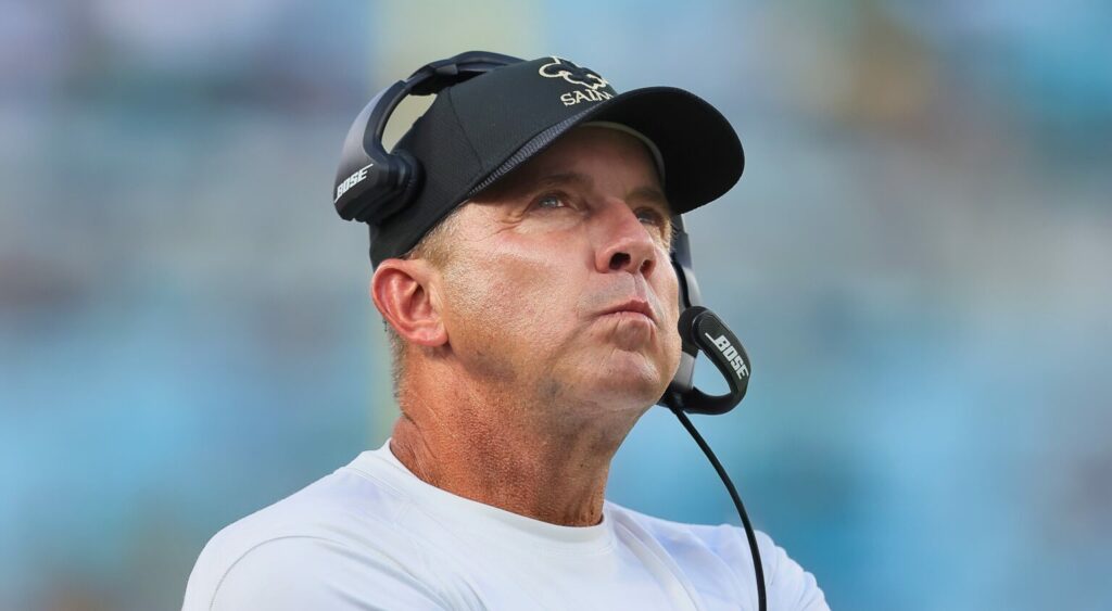 New Orleans Saints head coach Sean Payton looking on during 2021 game.