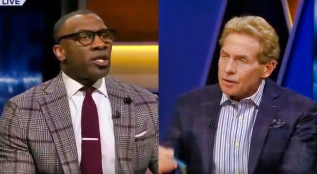 Shannon Sharpe & Skip Bayless in suits and sitting at desk on show