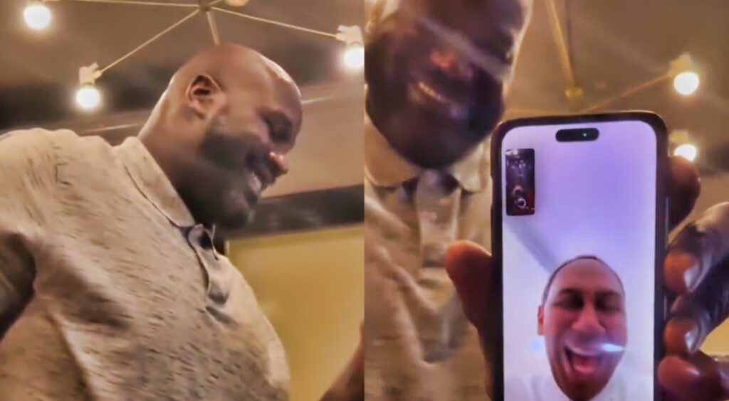 Basketball Hall of Famer Shaquille O'Neal (left). Stephen A. Smith on a FaceTime call with O'Neal (right).