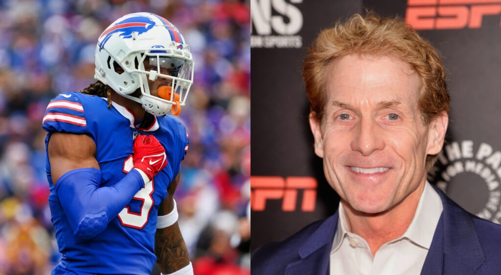 Buffalo Bills safety Damar Hamlin reacting (left). Veteran NFL journalist Skip Bayless smiling (right).