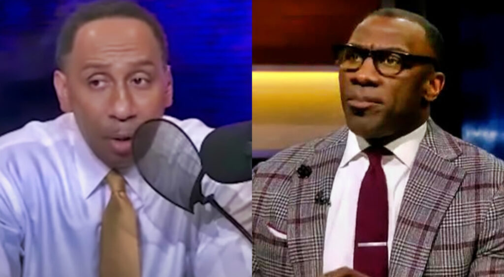 Photo of Stephen A. Smith on podcast and photo of Shannon Sharpe during Undisputed