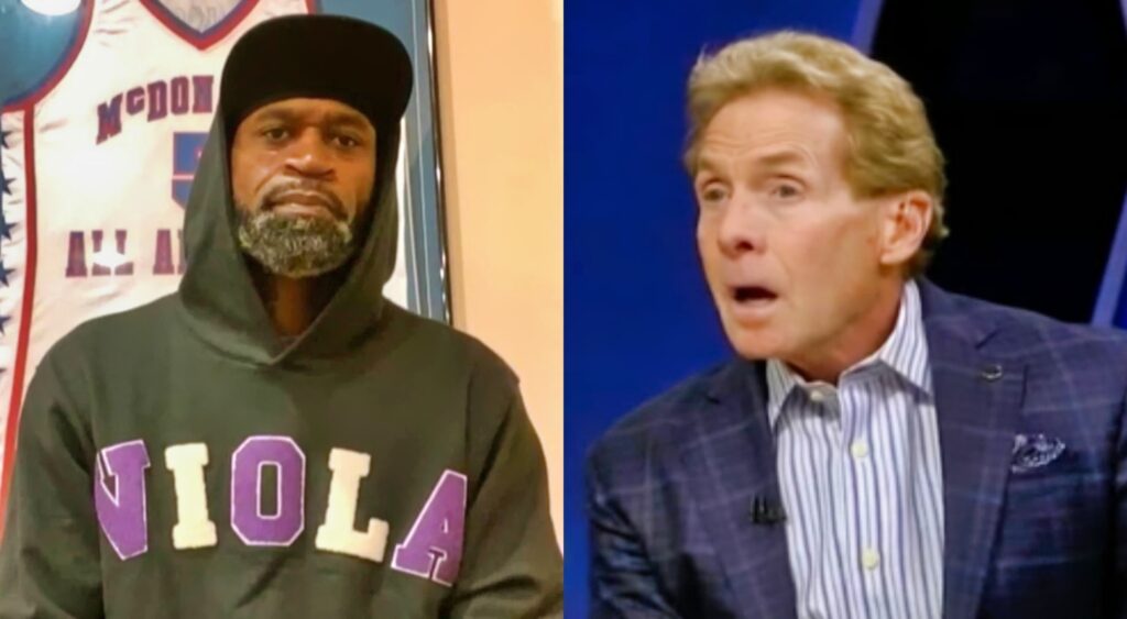 Stephen Jackson in a hoodie while Skip Bayless looks shocked in a suit