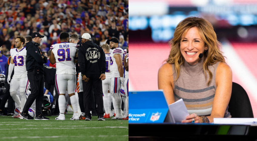 Photo of Suzy Kolber in blue outfit and photo of Bills players after Damar Hamlin incident