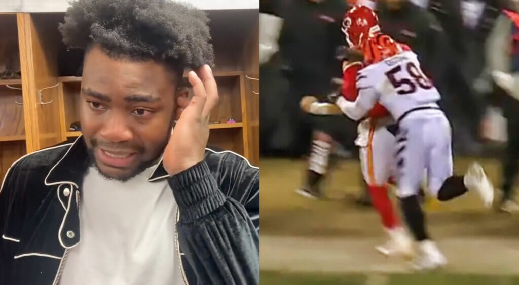 Photo of Joseph Ossai being interviewed and photo of Joseph Ossai fouling Patrick Mahomes