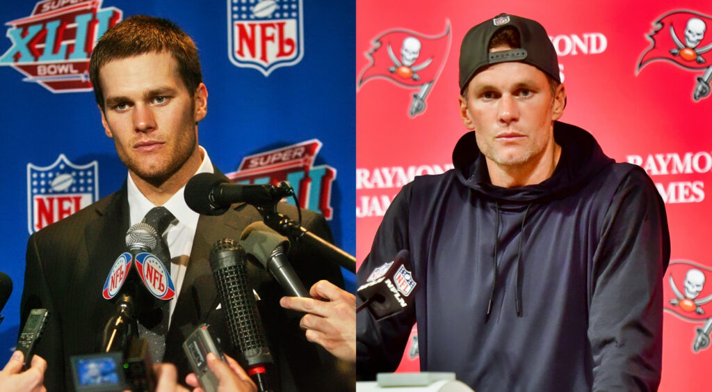 Photos of Tom Brady during press conferences for Patriots and Buccaneers