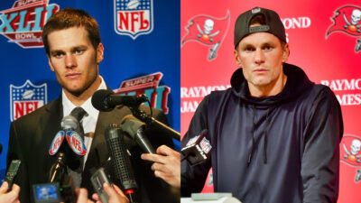 Photos of Tom Brady during press conferences for Patriots and Buccaneers