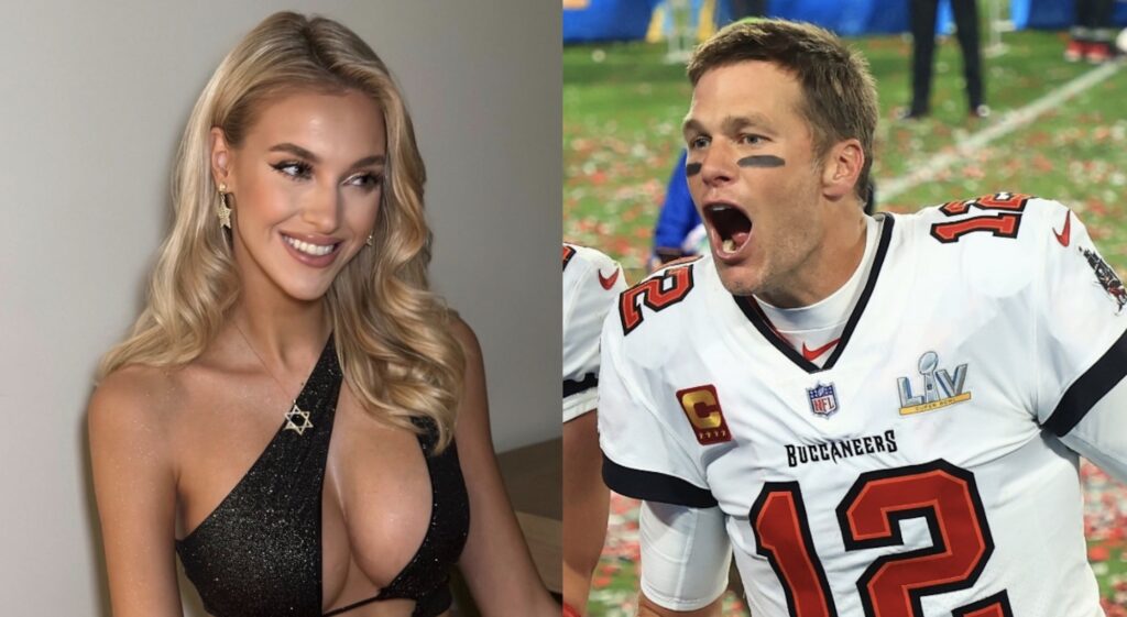 Split photo of Veronika Rajek in a black outfit and Tom Brady yelling after winning the super bowl.