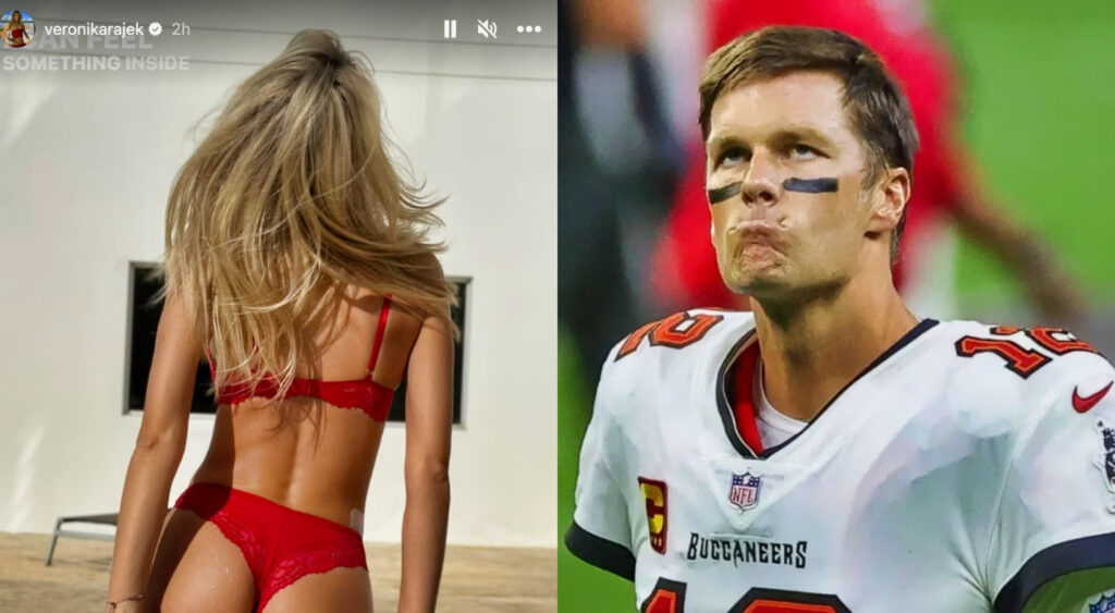 Photo of Veronika Rajek in red lingerie and photo of Tom Brady in Buccaneers uniform
