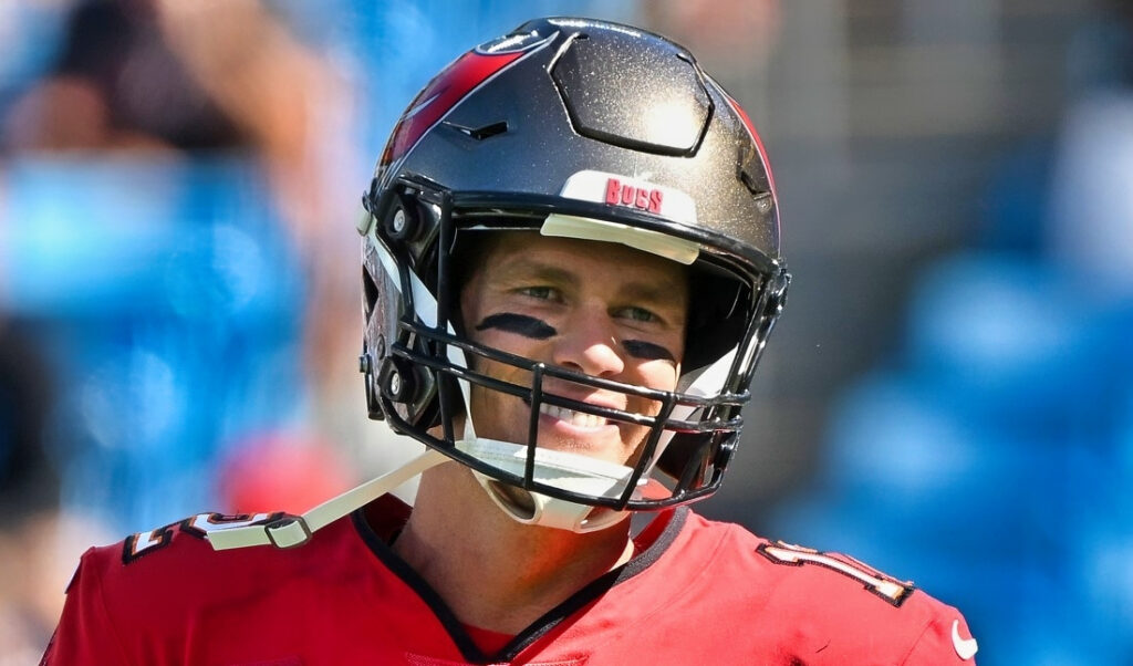 Tampa Bay Buccaneers quarterback Tom Brady smiling ahead of game vs. Carolina Panthers.