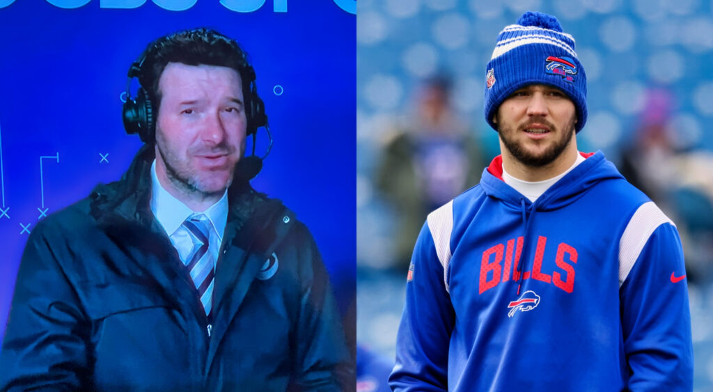 CBS NFL commentator Tony Romo smiling (left). Buffalo Bills quarterback Josh Allen getting ready (right).