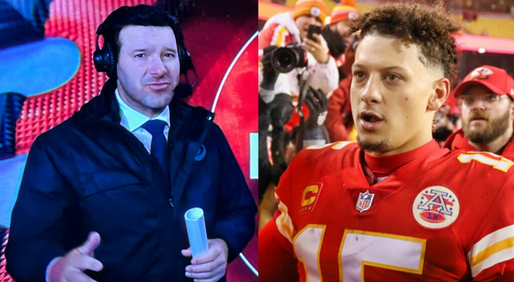 Tony Romo with headset on while picture shows Patrick Mahomes looking distressed