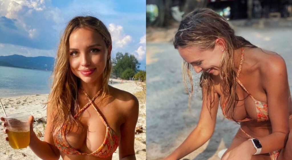 Photo of Veronica Bielik holding a drink at the beach and photo of Veronica Bielik smiling