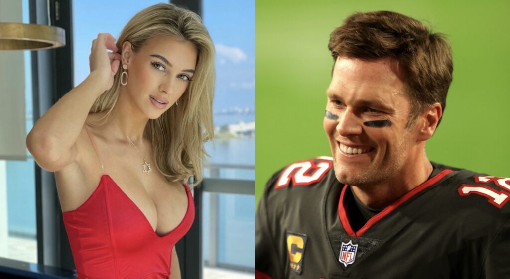 Split image of Veronika Rajek in a red dress and Tom Brady smiling.