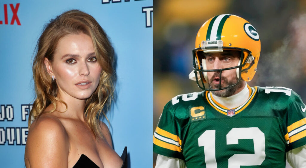 Mallory Edens posing in black dress while Aaron Rodgers is in uniform