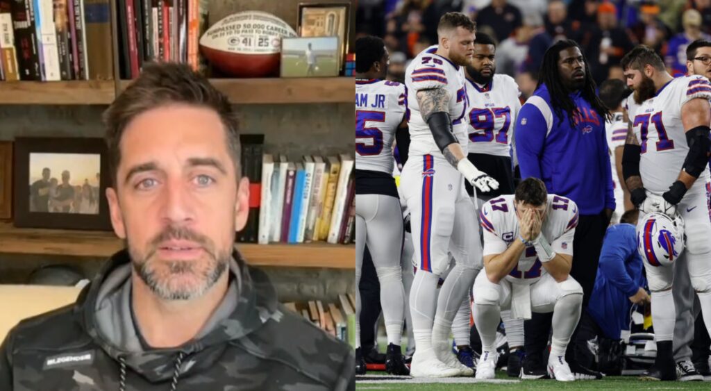 aaron rodgers sitting in front of books while picture shows Josh Allen kneeling down with hands on face