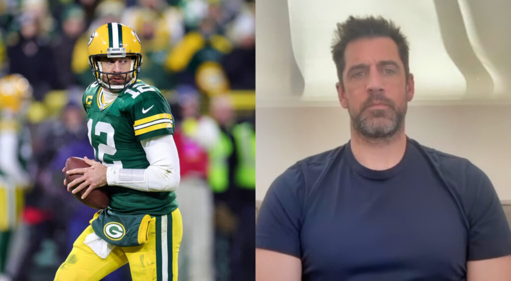 Aaron Rodgers in uniform and Rodgers in a blue shirt