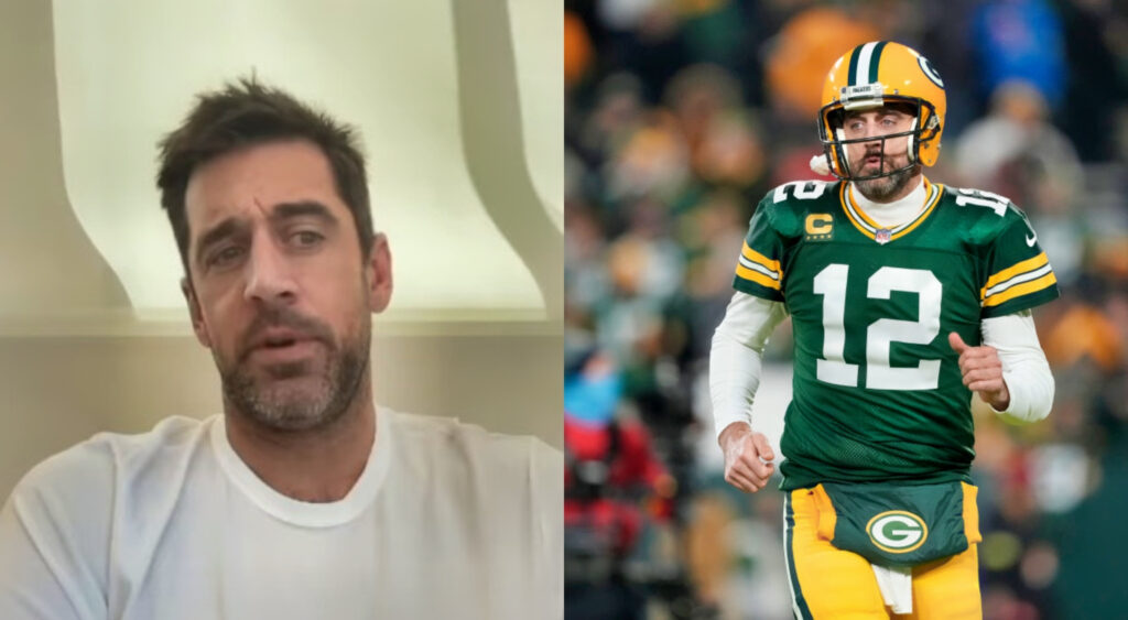 Aaron Rodgers in white shirt while picture shows Aaron Rodgers in uniform
