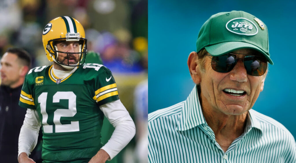 Joe Namath in a Jets cap while picture shows Aaron Rodgers in Packers uniform