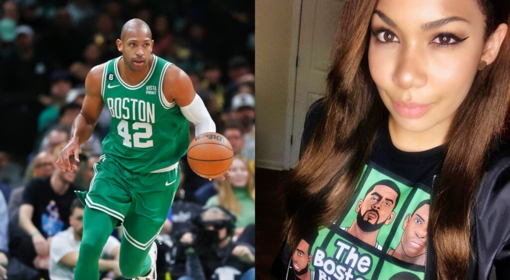 Al horford dribbling ball while picture shows Anna Horford wearing Celtics shirt