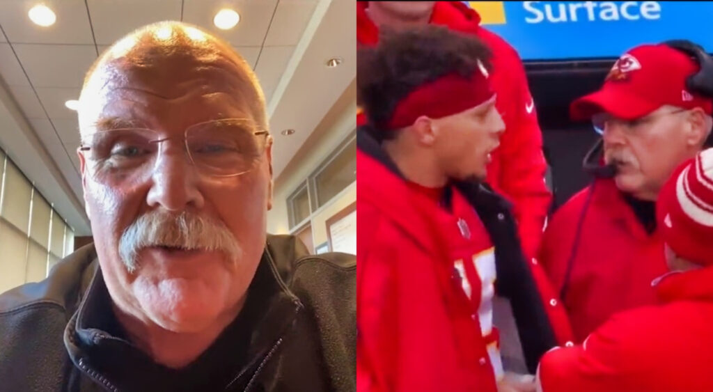 Andy Reid on facetime while picture shows Reid speaking to Patrick Mahomes
