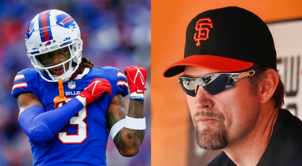 Damar Hamlin in uniform while picture shows Aubrey Huff with Giants cap on