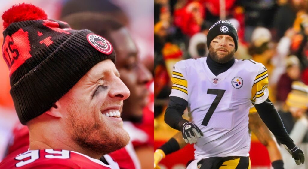 Ben Roethlisberger in uniform without helmet while picture shows JJ Watt in uniform and smiling