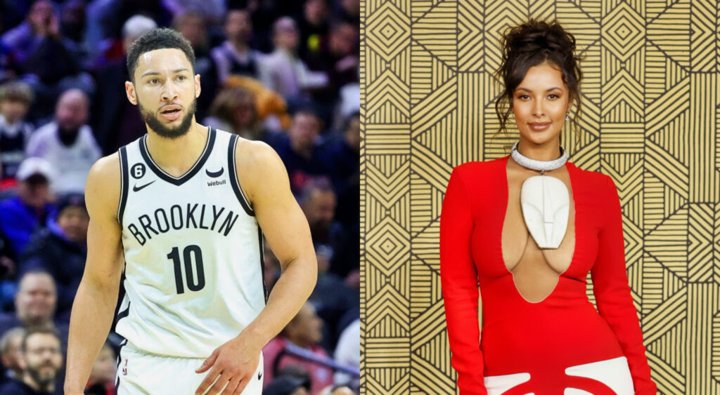 Ben Simmons in uniform on court while picture shows Maya Jama posing in red dress