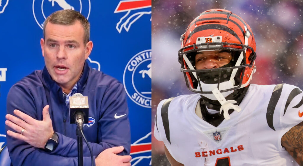 Buffalo Bills general manager Brandon Beane speaking to reporters (left). Cincinnati Bengals wide receiver Ja'Marr Chase looking on (right).