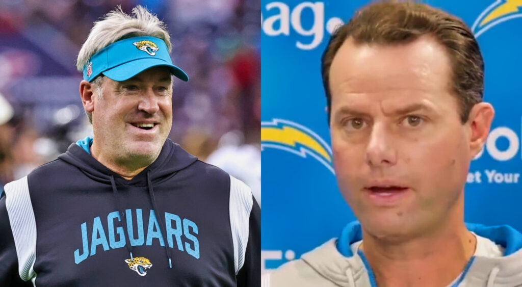Doug Pederson in Jags gear while Brandon Staley is in a Chargers hoodie