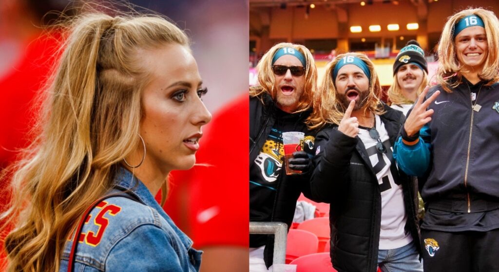 Split image of Brittany Mahomes looking on and Jaguars fans yelling.
