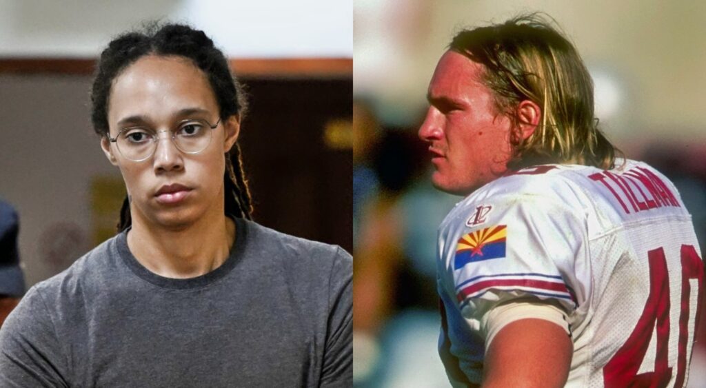 Brittney Griner with dreads and glasses on while picture shows Pat Tillman in uniform without helmet