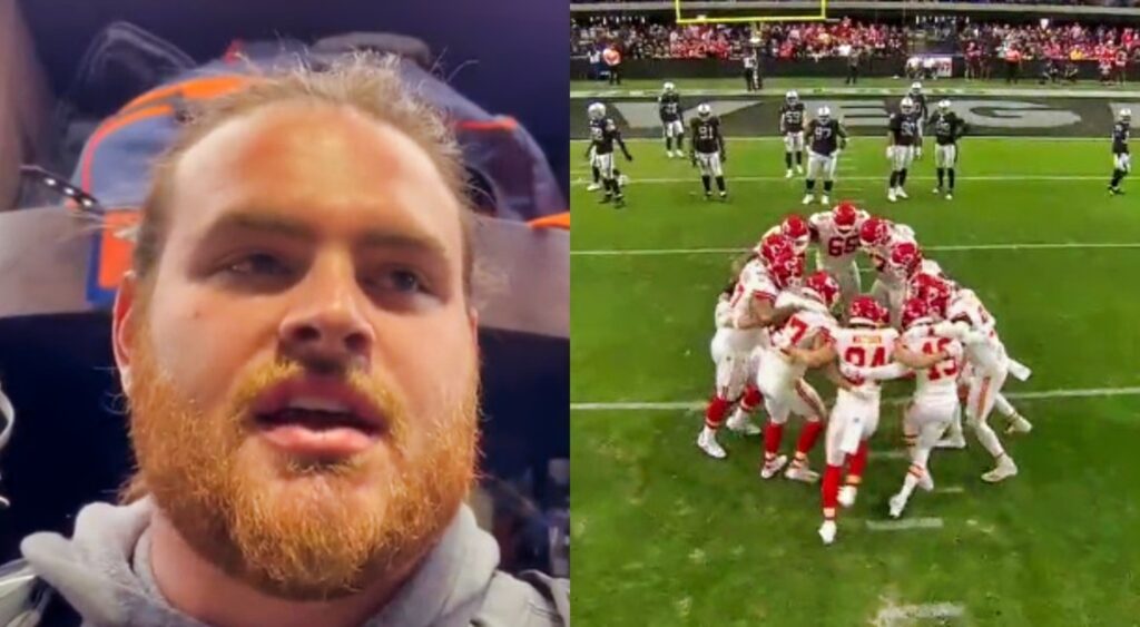 Quinn Meinerz in locker room while picture shows Chiefs players in huddle