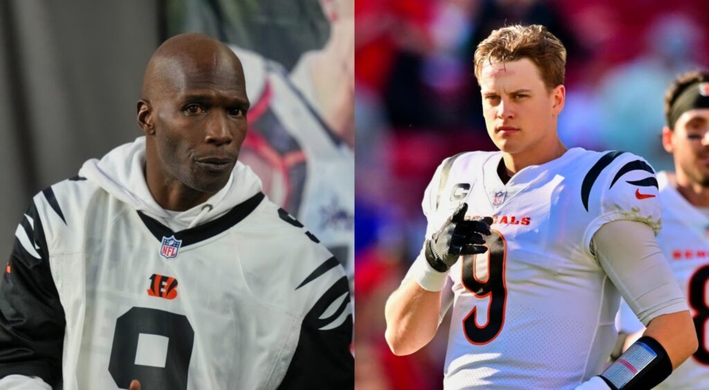 Chad Johnson in Bengals jersey while picture shows Joe Burrow without helmet on and pointing