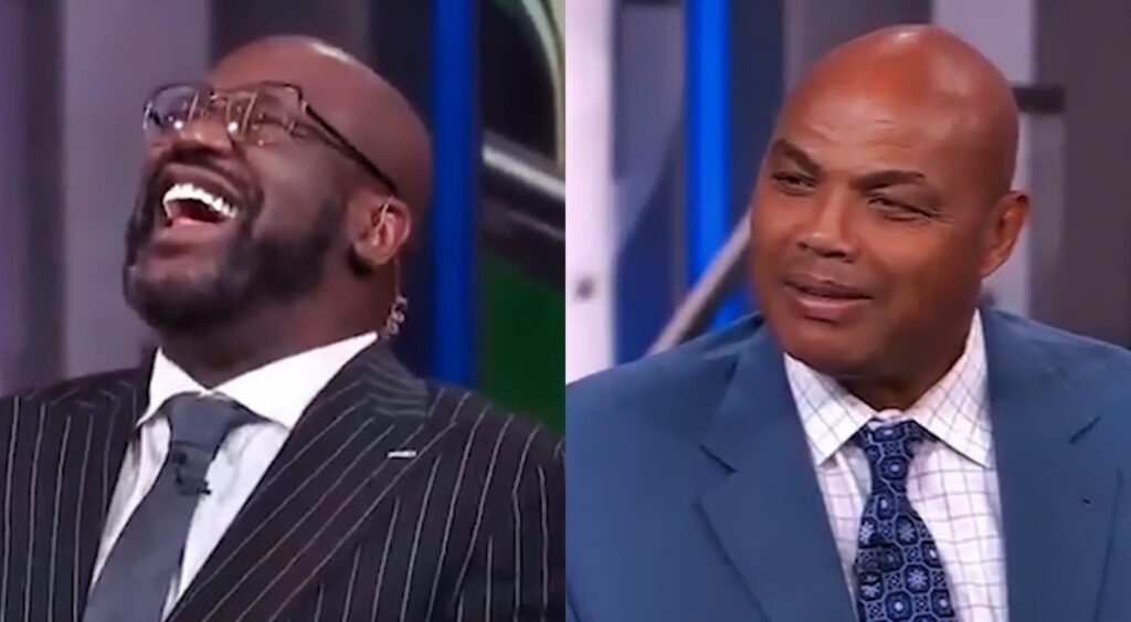 Charles Barkley smirking in blue suit while picture shows shaq laughing
