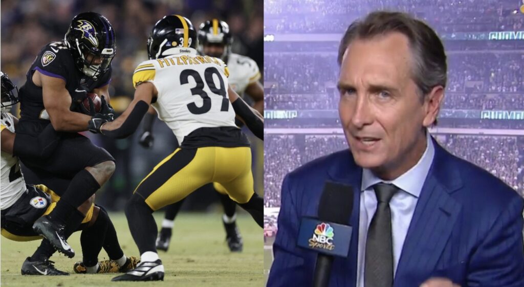 Pittsburgh Steelers safety Minkah Fitzpatrick (left) making a tackle, NBC commentator Cris Collinsworth (right).