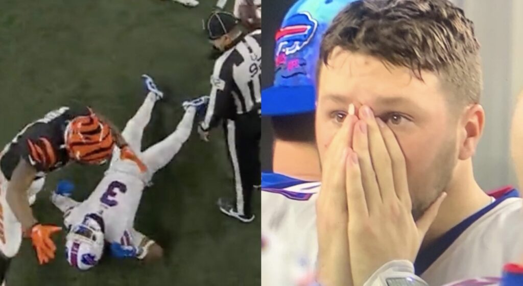 Damar Hamlin laying on the field after collapsing, and a photo of Josh Allen in shock after seeing it.