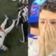 Damar Hamlin laying on the field after collapsing, and a photo of Josh Allen in shock after seeing it.