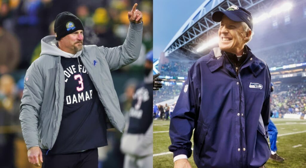 Dan Campbell smiling and pointing while picture shows Pete Carroll smiling