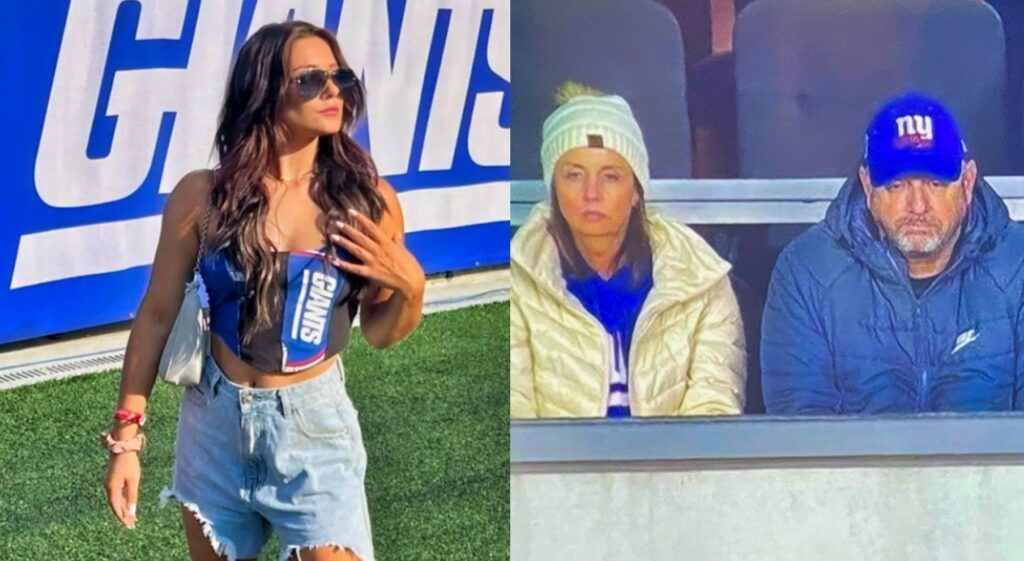 split image of davis webb's girlfriend in giants attire and webb's parents watching his game in the stands.