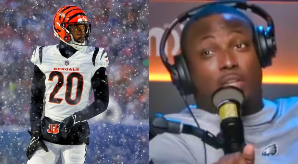 Eli Apple in uniform in the snow while picture shows LeSean McCoy with headphones on