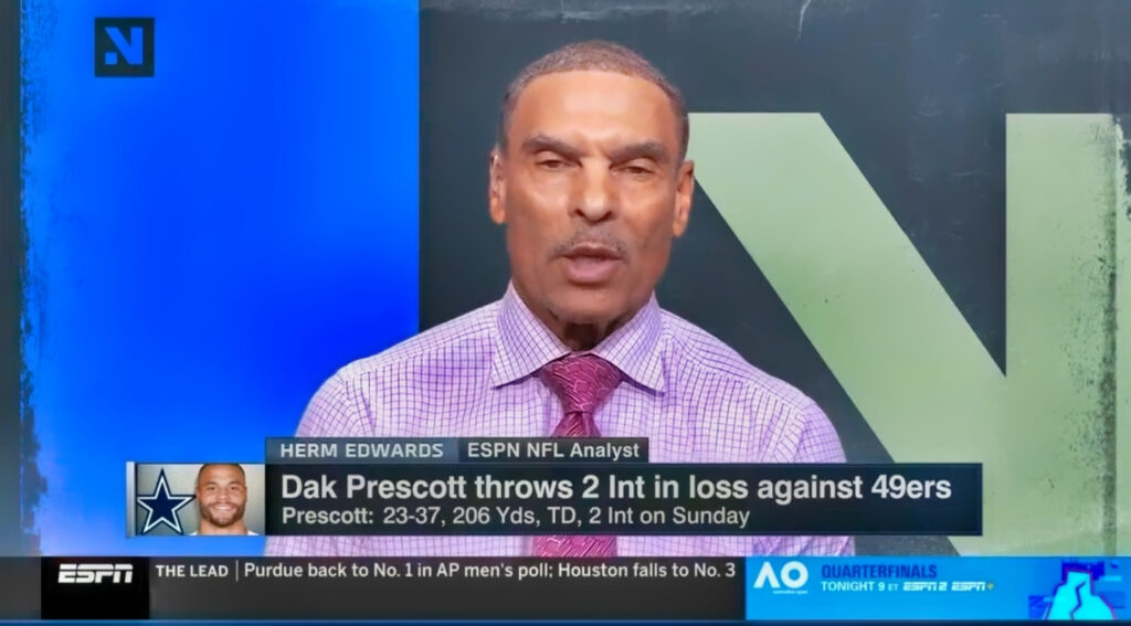 Herm Edwards in a suit on ESPN show