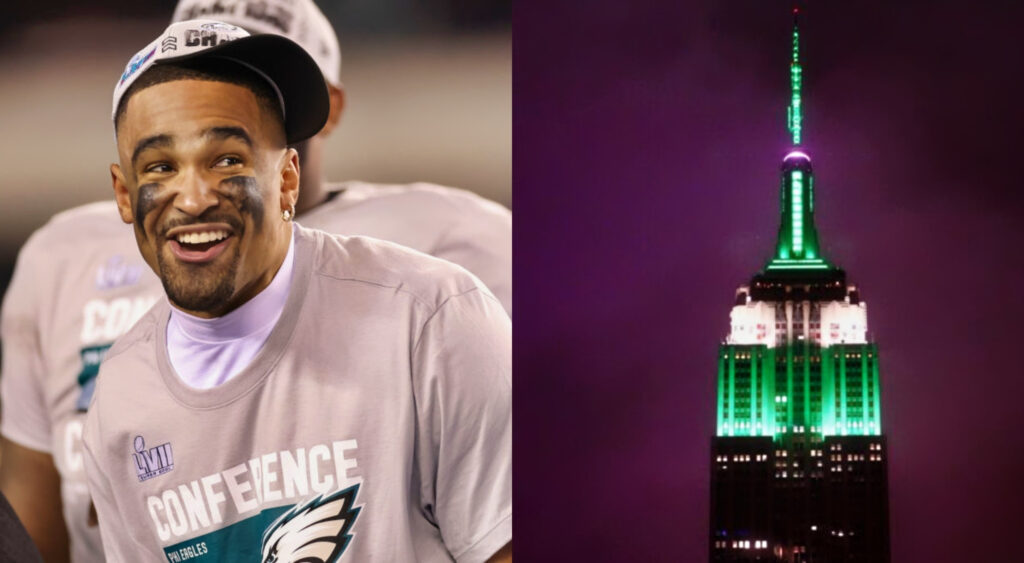 Jalen Hurts smiling and a picture of the Empire State Building