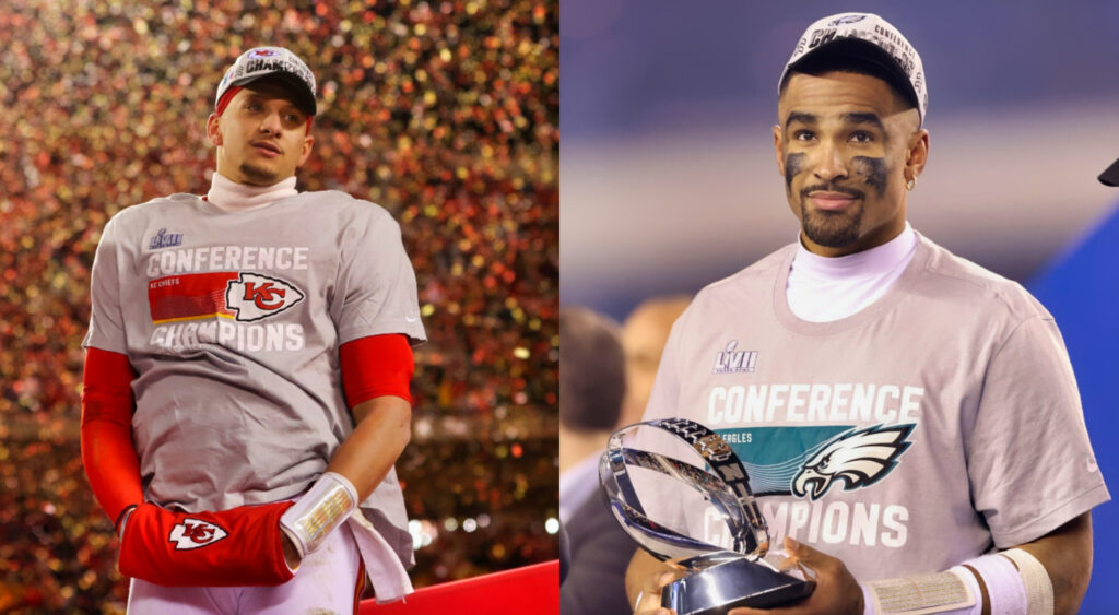 Patrick Mahomes in conference champ shirt and Jalen Hurts in conference champ shirt