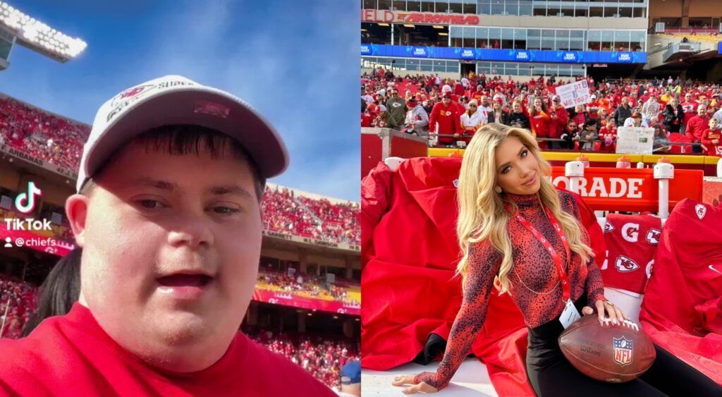 Chiefs fan James Droz with cap on head while picture shows Gracie Hunt posing with football