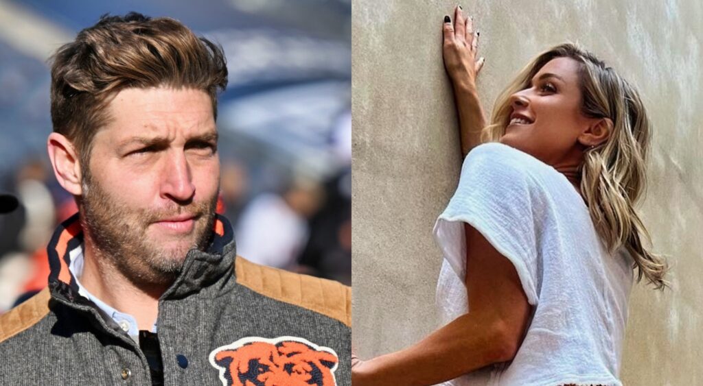 Jay Cutler in Bears jacket while picture shows his ex-wife posing in white