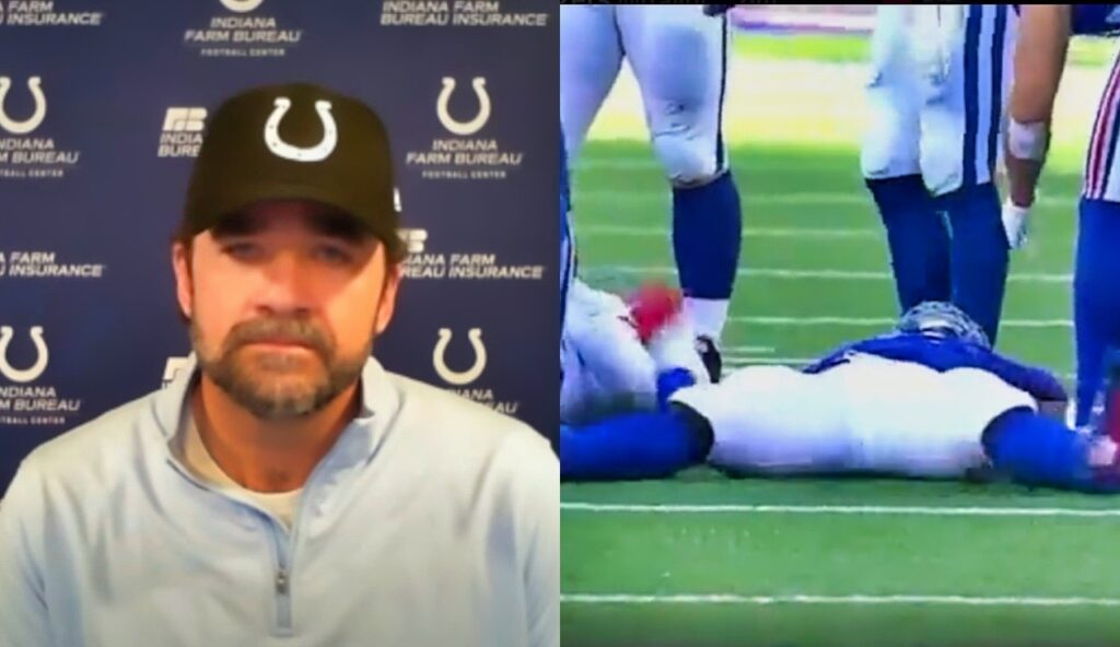 Jeff Saturday with Colts cap on while picture shows Kayvon Thibodeaux laying on ground