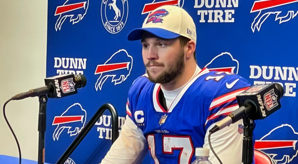 Buffalo Bills quarterback Josh Allen speaking to the media.