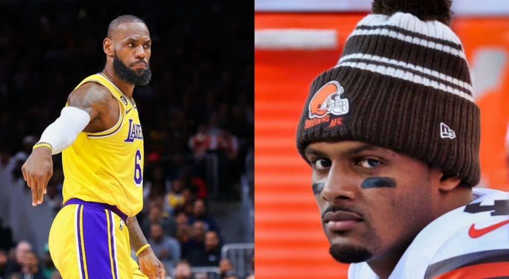 LeBron James pointing down while picture shows Deshaun Watson in skull cap on sidelines