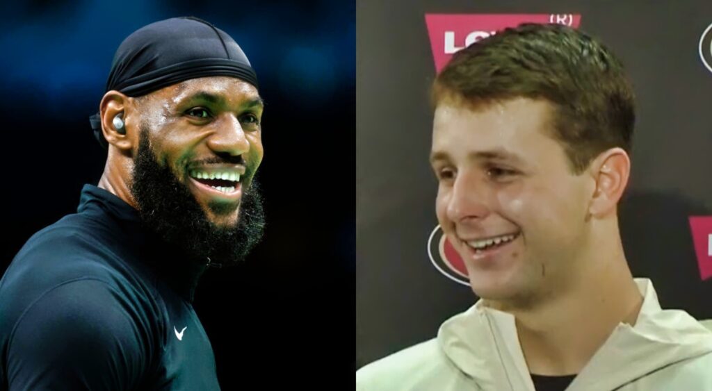 LeBron smiling and Brock Purdy smiling