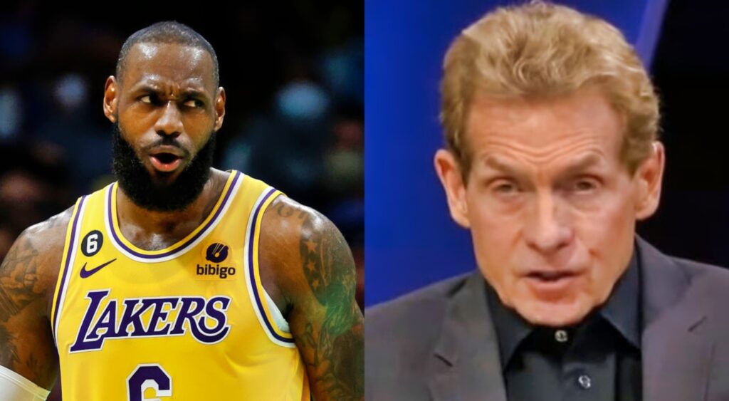 LeBron in uniform while picture shows Skip Bayless in a gray suit